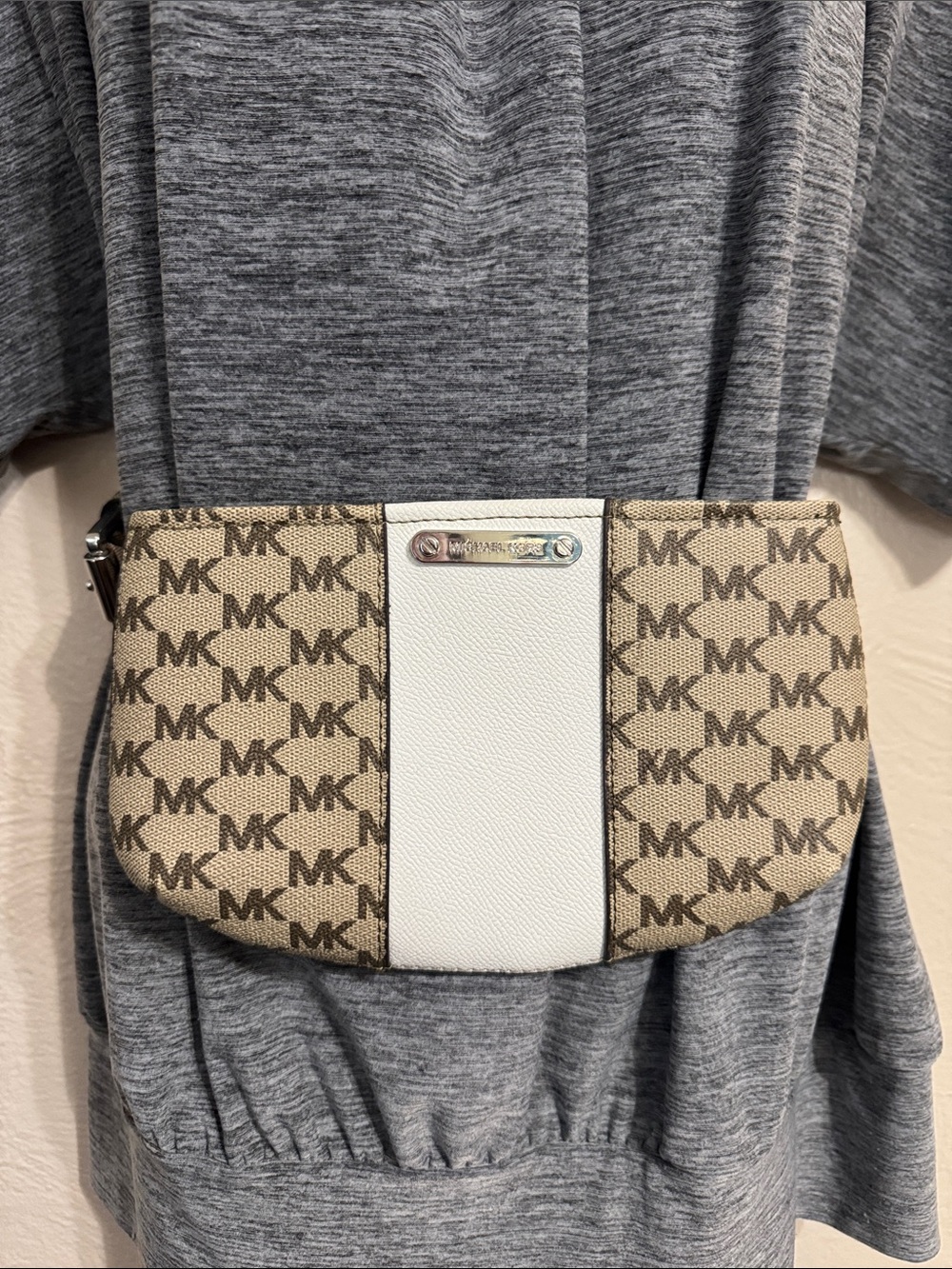 Michael Kors Tan Signature MK Belt Bag with White Center Panel